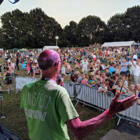 John Cole, Lingfield Parish Council Chairman and Lingfest volunteer thanks the crowd from the main stage